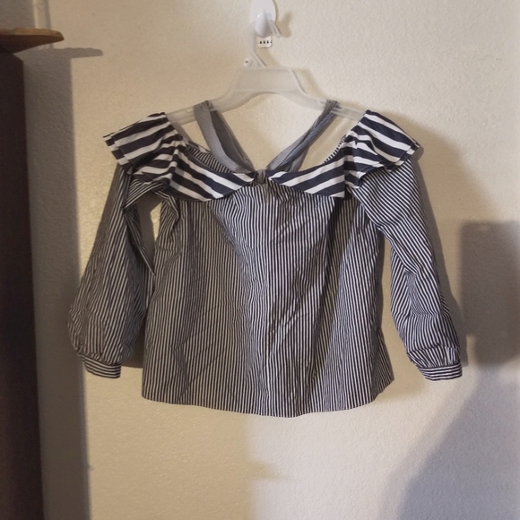 J. Crew Off The Shoulder Cropped Blue White Nautical Blouse - Picture 2 of 10